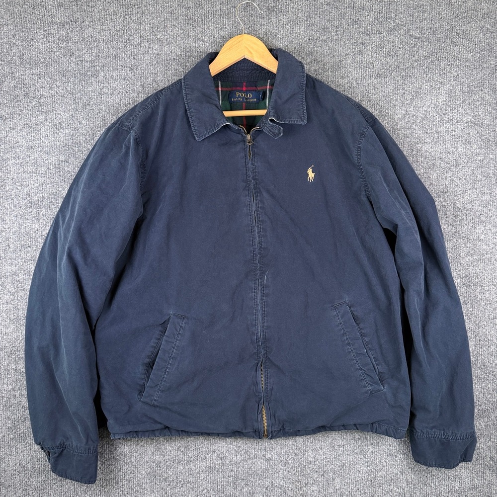 Polo Ralph Lauren Harrington Jacket Mens L Blue Full Zip Flannel Lined Talon Zip